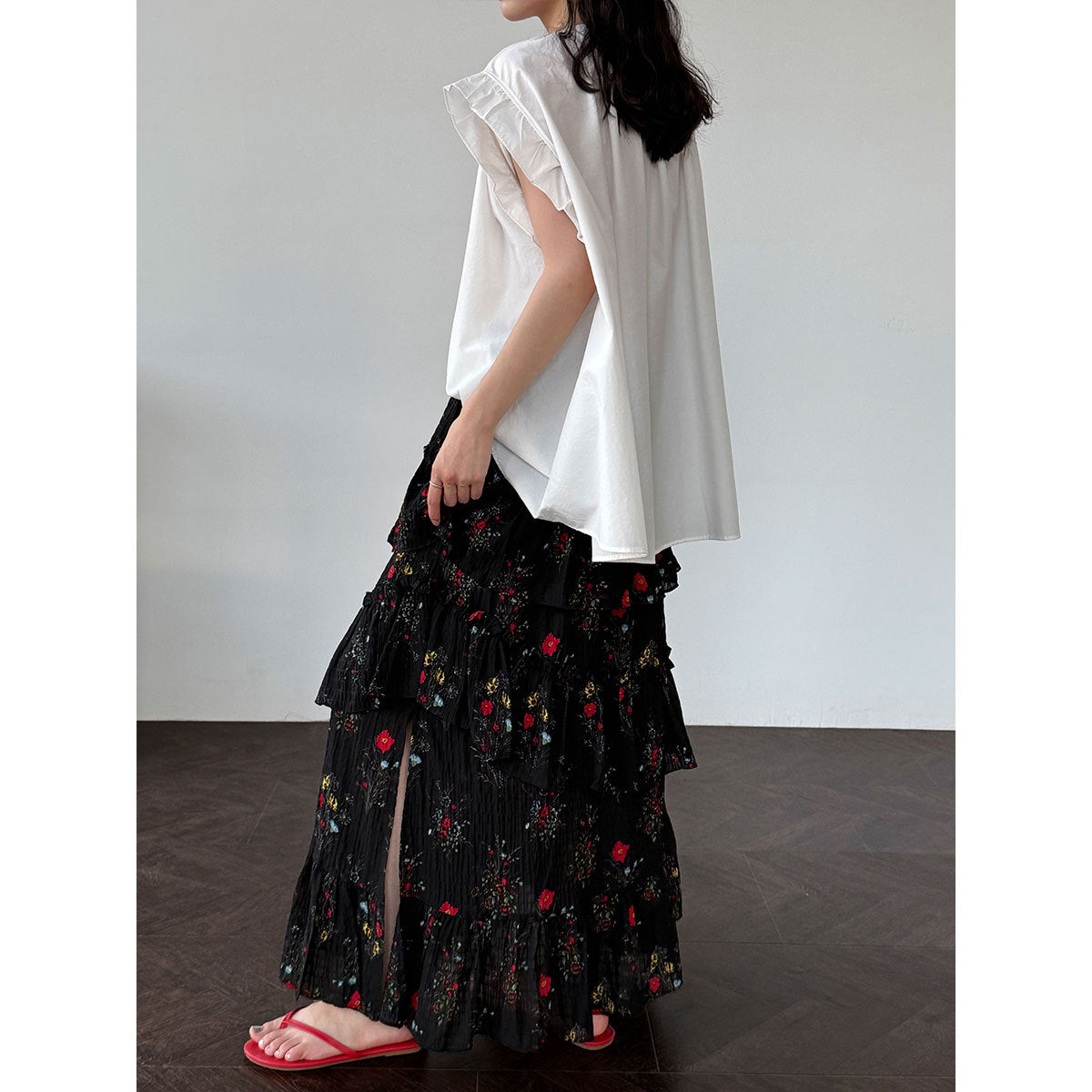 French romantic split cake skirt women's summer new fluffy pleated floral skirt long dress