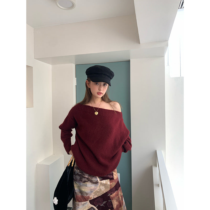 Casual lazy macaron-colored slanted shoulder sweater