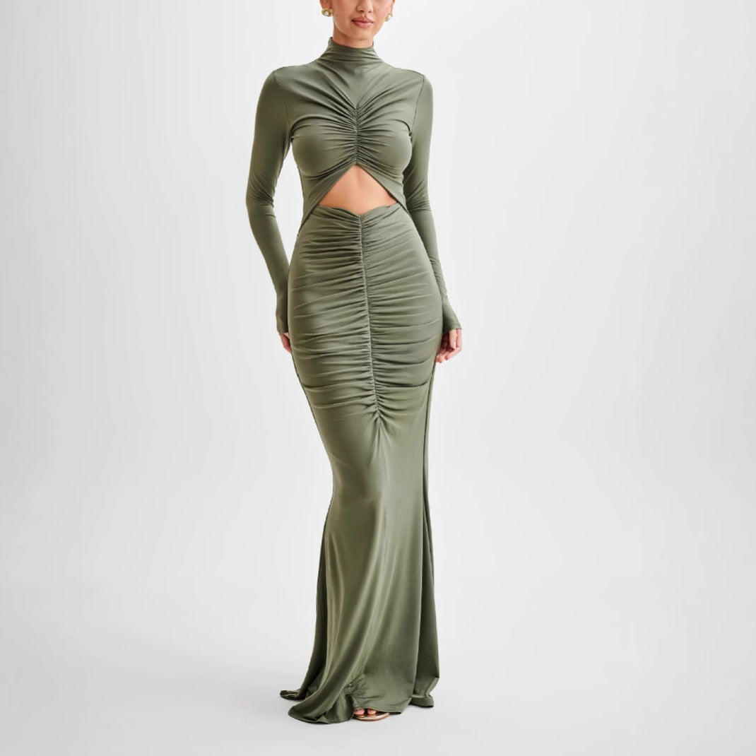 Pleated Slim Crew Neck Dress