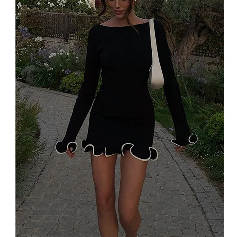 New arrangement sexy long sleeve short skirt fungus edge knitted hot girl dress autumn and winter skirt