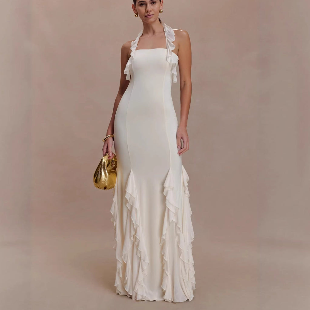 New ruffle leaf edge sexy halter neck hip skirt slim holiday style European and American dress