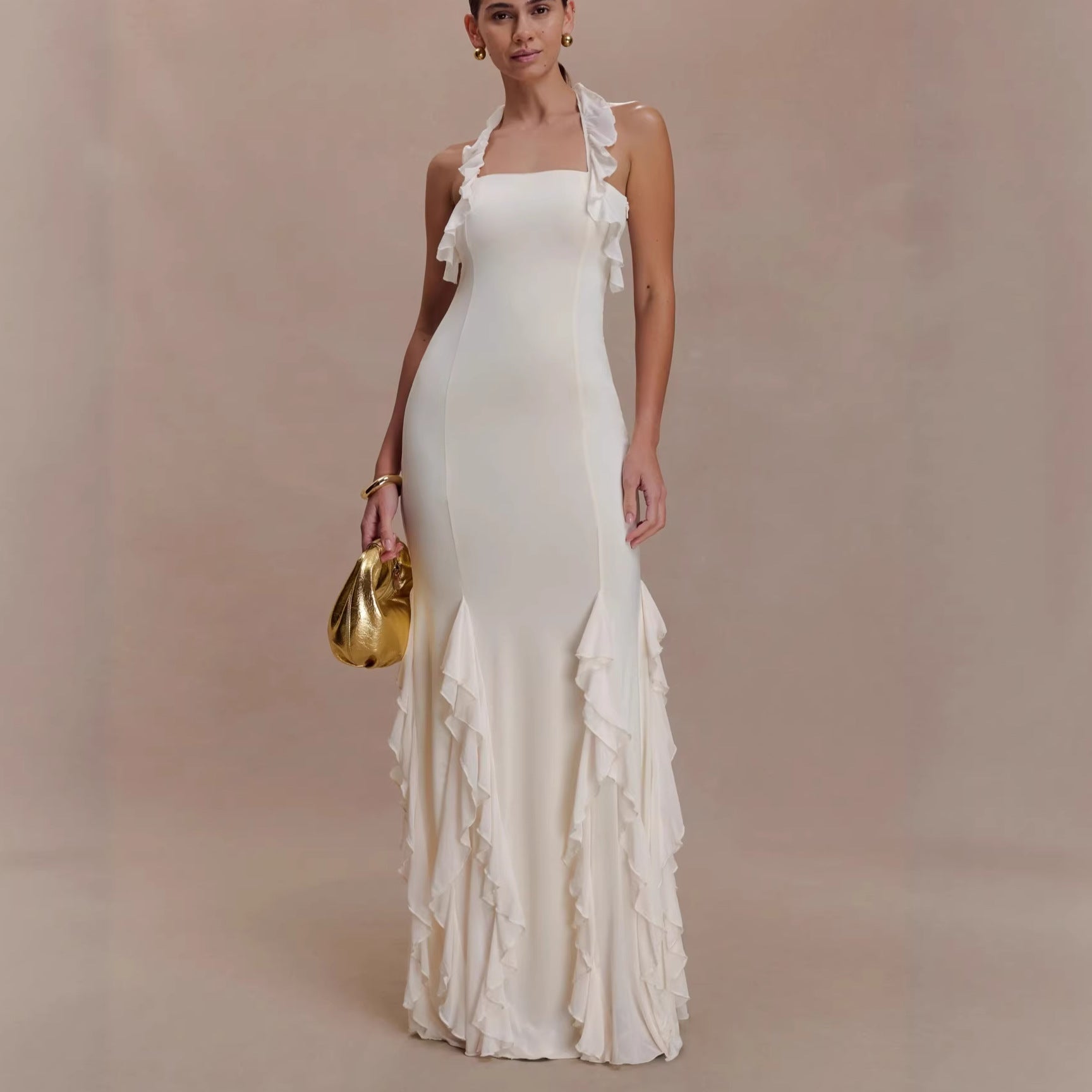 New ruffle leaf edge sexy halter neck hip skirt slim holiday style European and American dress