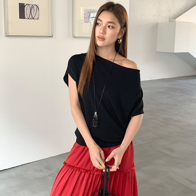 French high-end swing collar knitted shirt spring and summer niche waist ice silk off-the-shoulder top