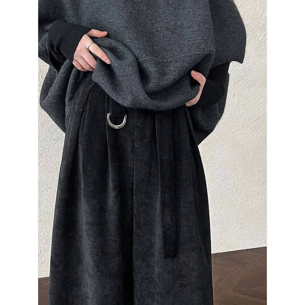 Korean retro chenille wide-leg trousers women's autumn new commuter versatile buckle casual trousers