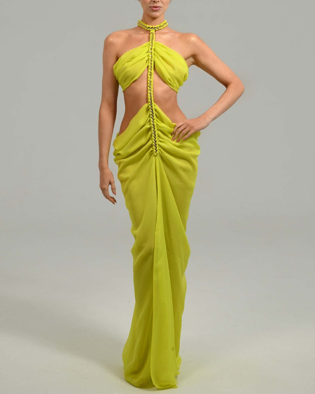 Irregular fake two low-rise split-ended dresses, chain neck chiffon dress