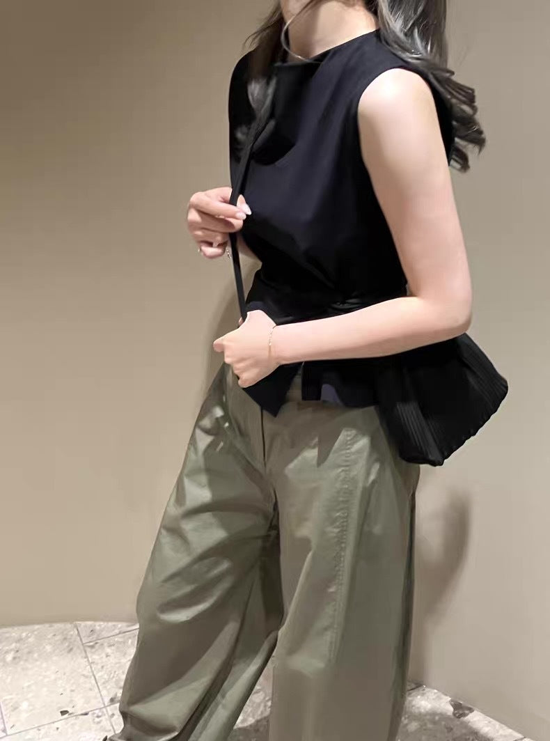 Summer Slim Fit Neck Grab Pleated Textured Vest Black Top