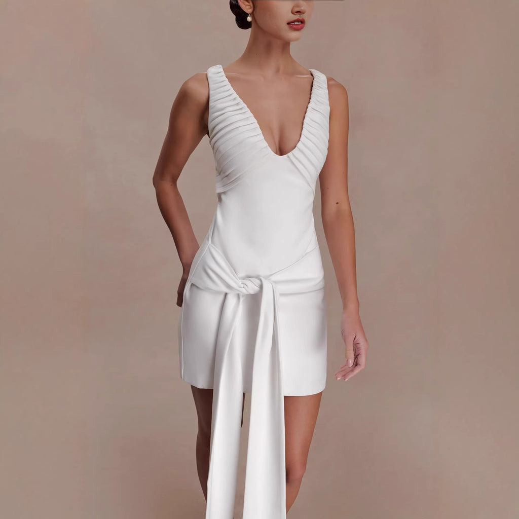 Neck deep V-neck streamer dress sexy slim-fit backless hip skirt vacation skirt