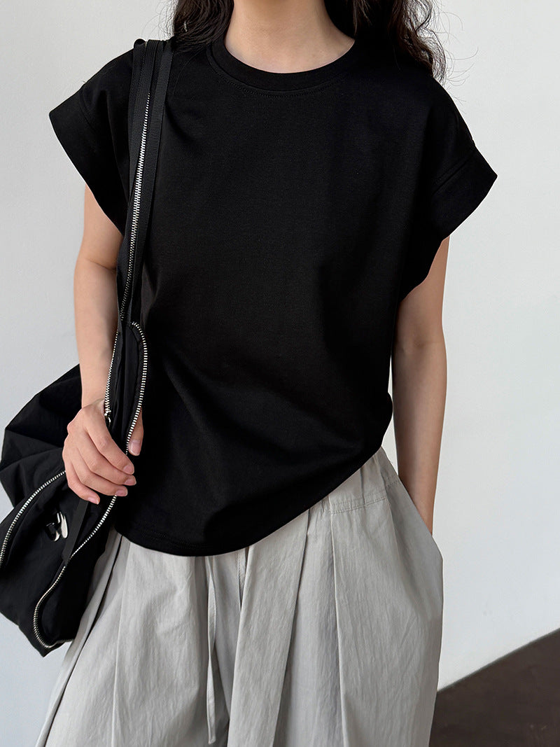 Three-dimensional Xiaofei sleeve wide shoulder meat covering versatile T-shirt women's summer new high-end slim short-sleeved top