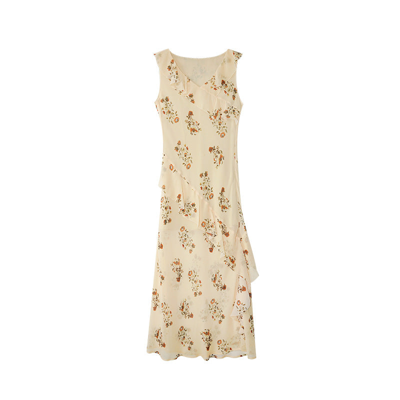 Elegant temperament ruffle floral sleeveless dress
