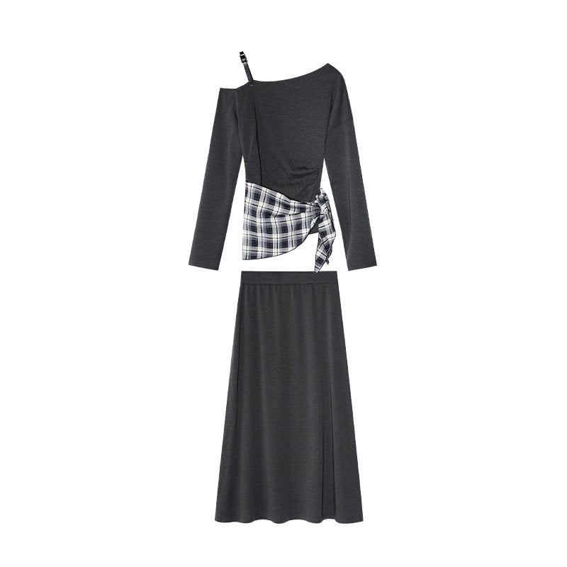 Temperament French careful machine diagonal neck off-the-shoulder top skirt set