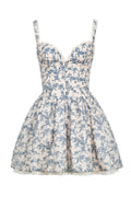 Hot Sale Sexy Floral Suspender Skirt Deep V Short Skirt Blue Printed Corset Mini Dress