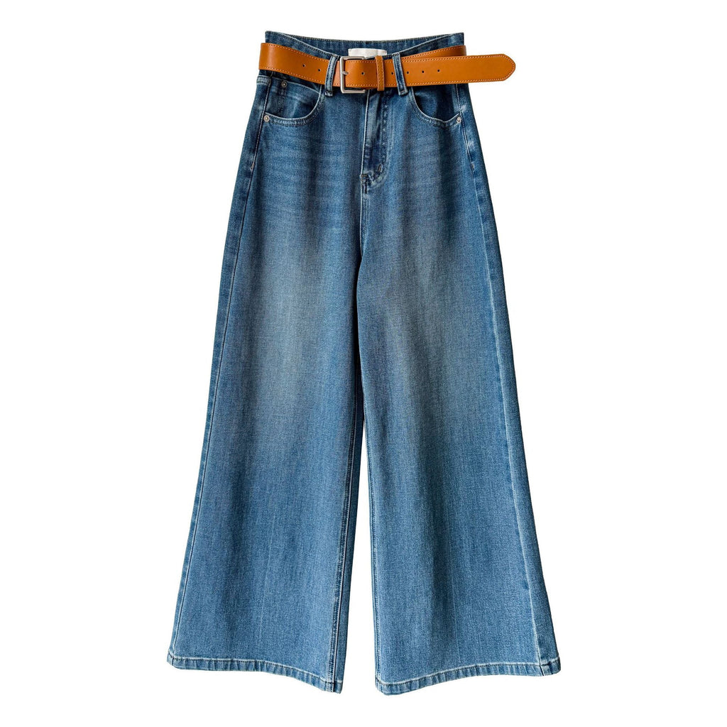 Korean simple four-sided elastic and thin with belt wide-leg pants women's 26 spring new jeans