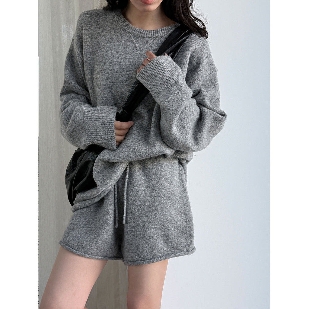 Korean soft waxy wool knitted top + shorts two-piece set
