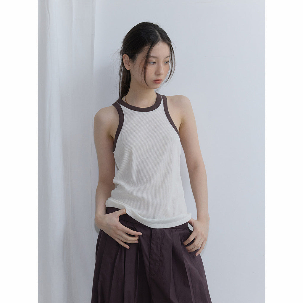 Summer new casual pure cotton contrasting color round neck simple versatile dopamine pit strip vest