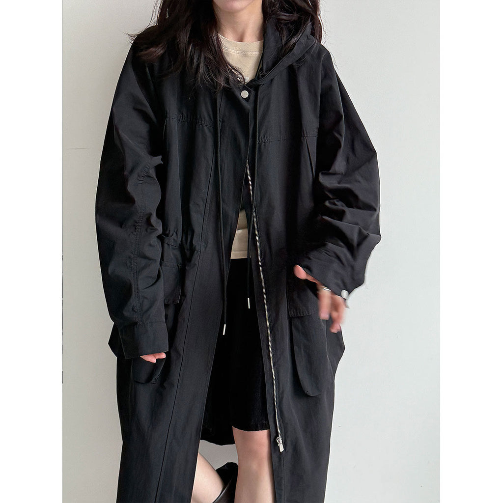 Premium British style hooded trench coat autumn design waist thin long coat