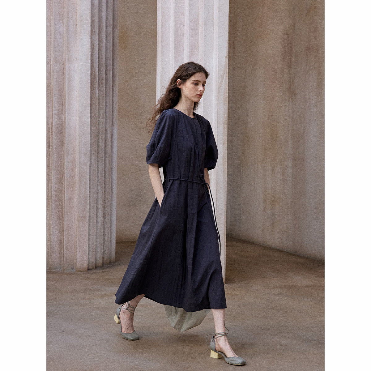 Sleeve Sleeve Crew Neck Lace-Up Dress Summer Simple Commuter