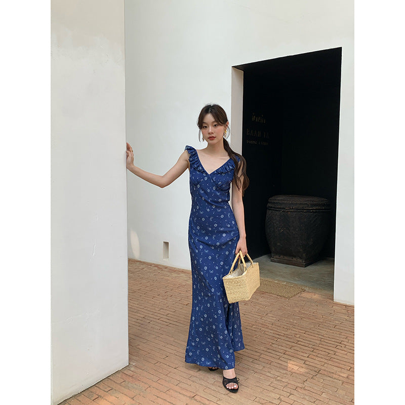 Floral vacation wind v-neck waist halter suspender skirt