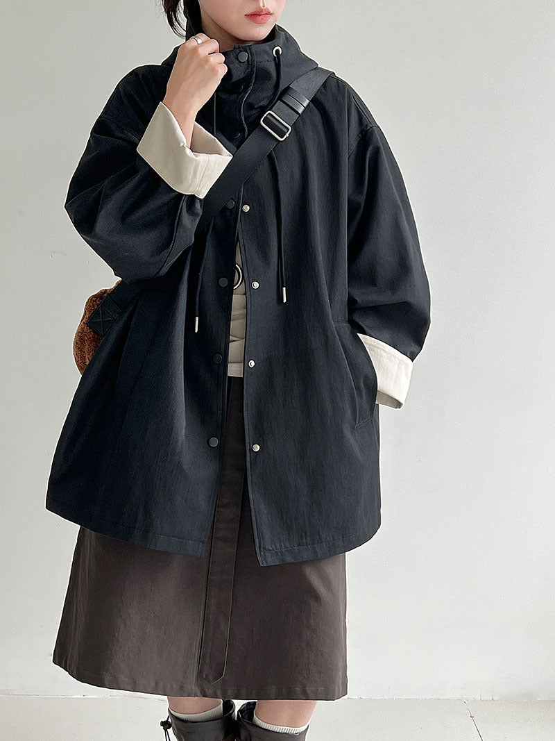 Korean simple contrasting color splicing cuffs casual autumn new hooded loose trench coat