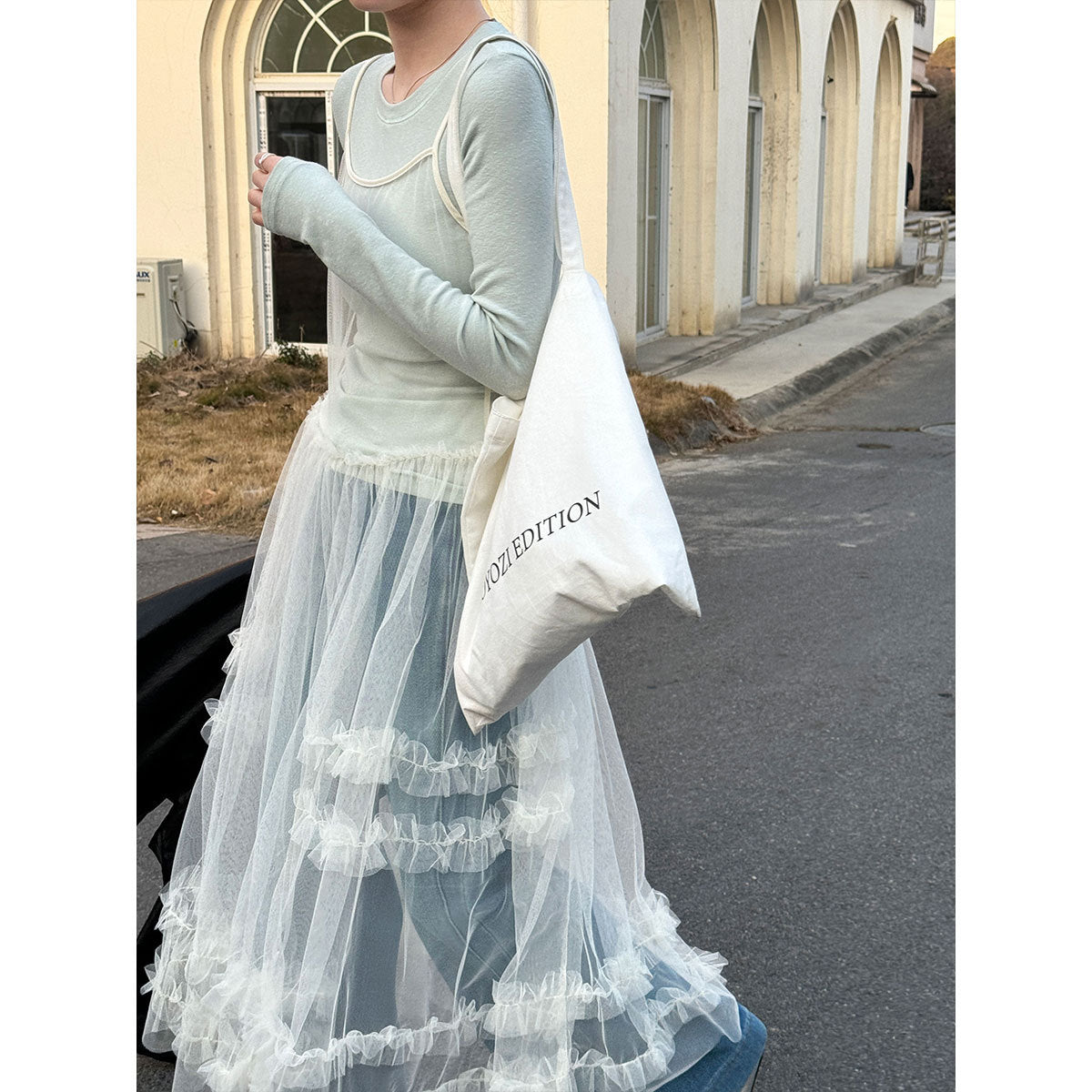 Korean sweet mesh see-through suspender dress, spring new stacked blouse lace long skirt