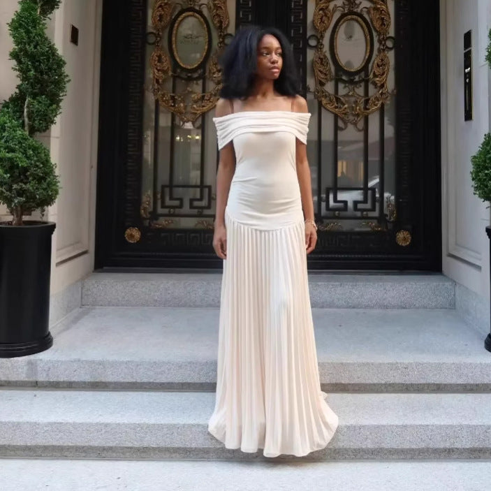 Fashion spliced resort-style one-shoulder slim-fit bandeau dress