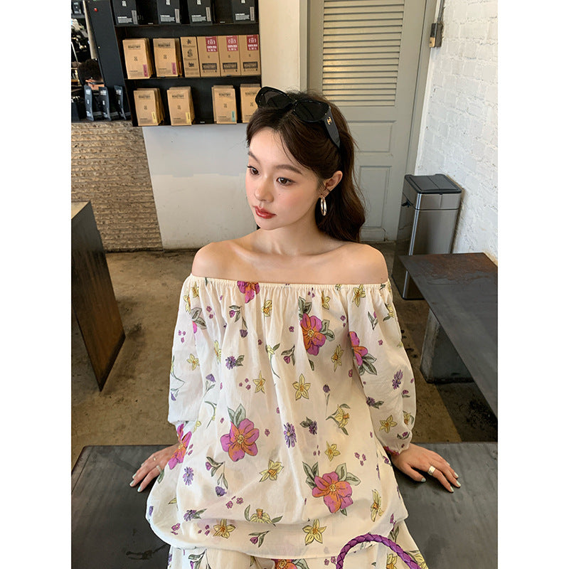 Japanese Floral Off-Shoulder Chiffon Top
