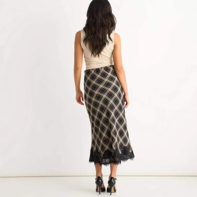 Stylish retro plaid skirt, lace skirt, slim hip skirt
