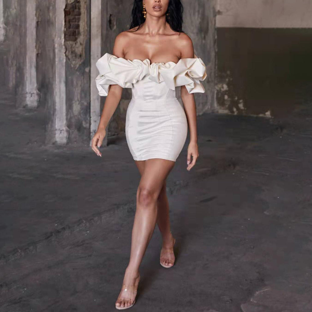 Sexy dress waist-wrapped hip skirt tube top one-word shoulder fishbone ruffle edge dress