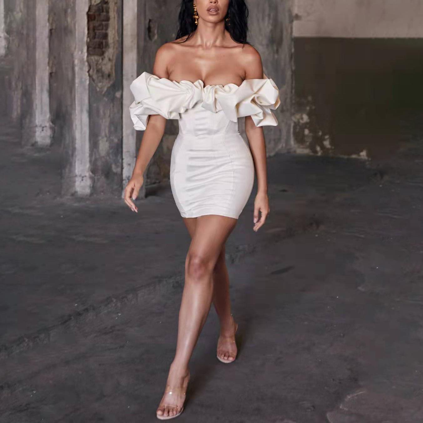 Sexy dress waist-wrapped hip skirt tube top one-word shoulder fishbone ruffle edge dress