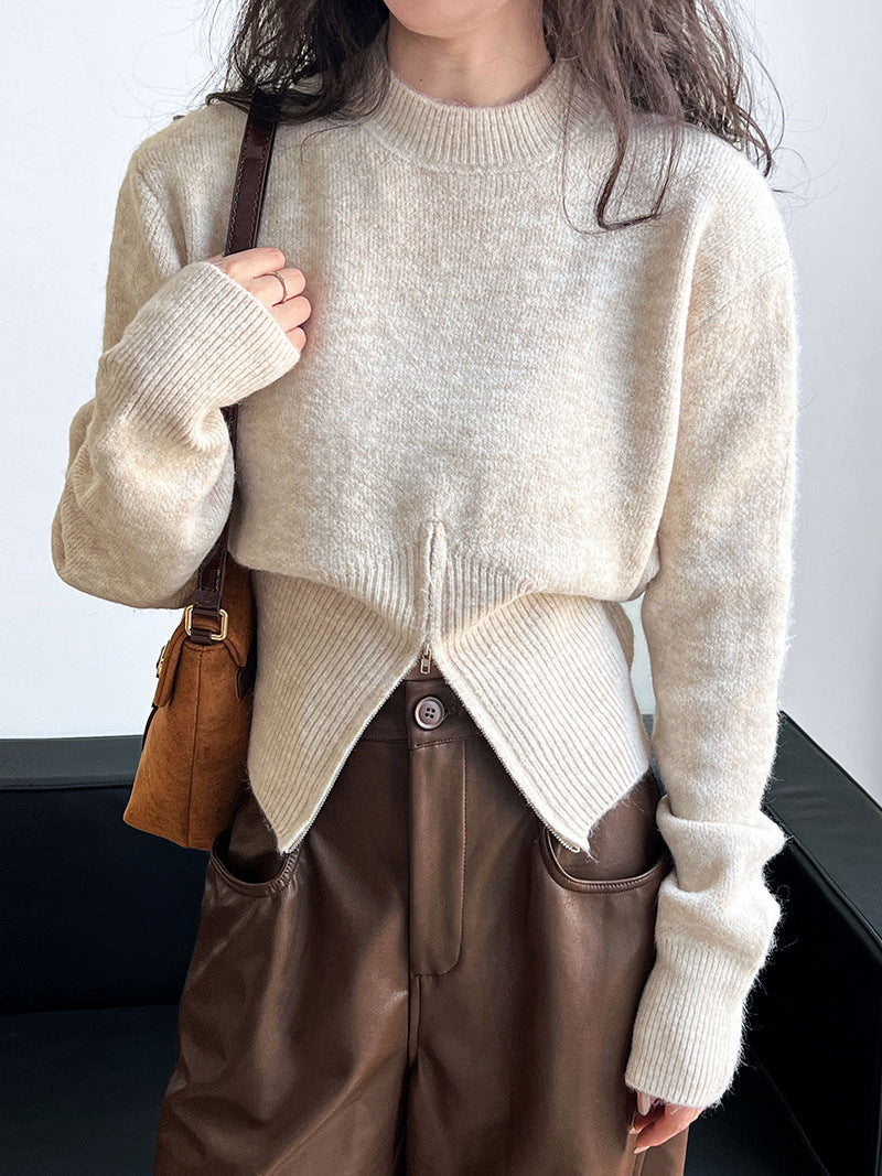 Short zipper sweater foreign high-end niche design round neck pullover top