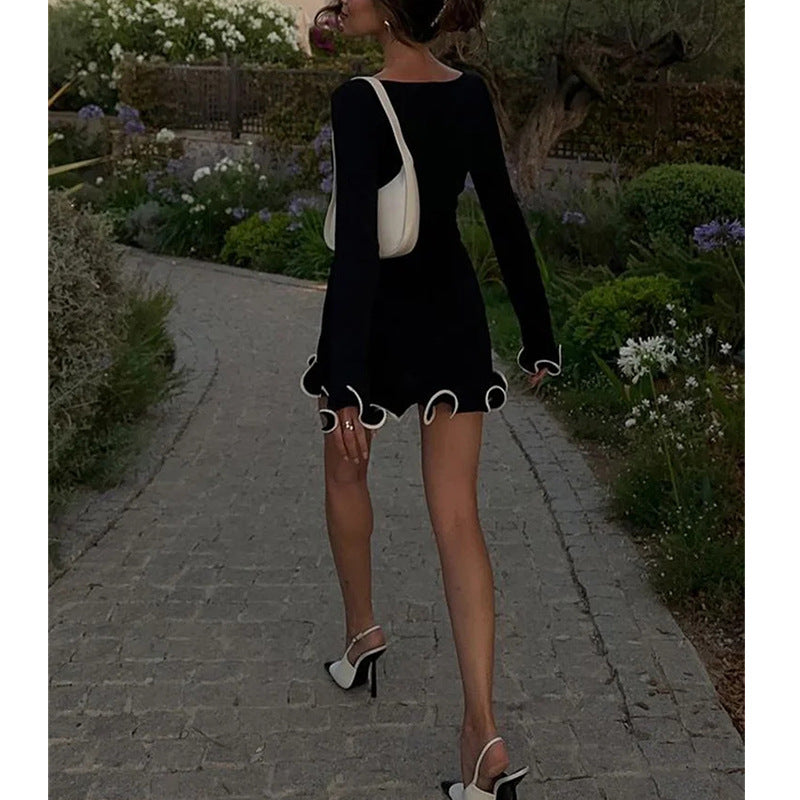 Spot sexy tight short skirt ruffle edge skirt long sleeve knitted dress skirt lace