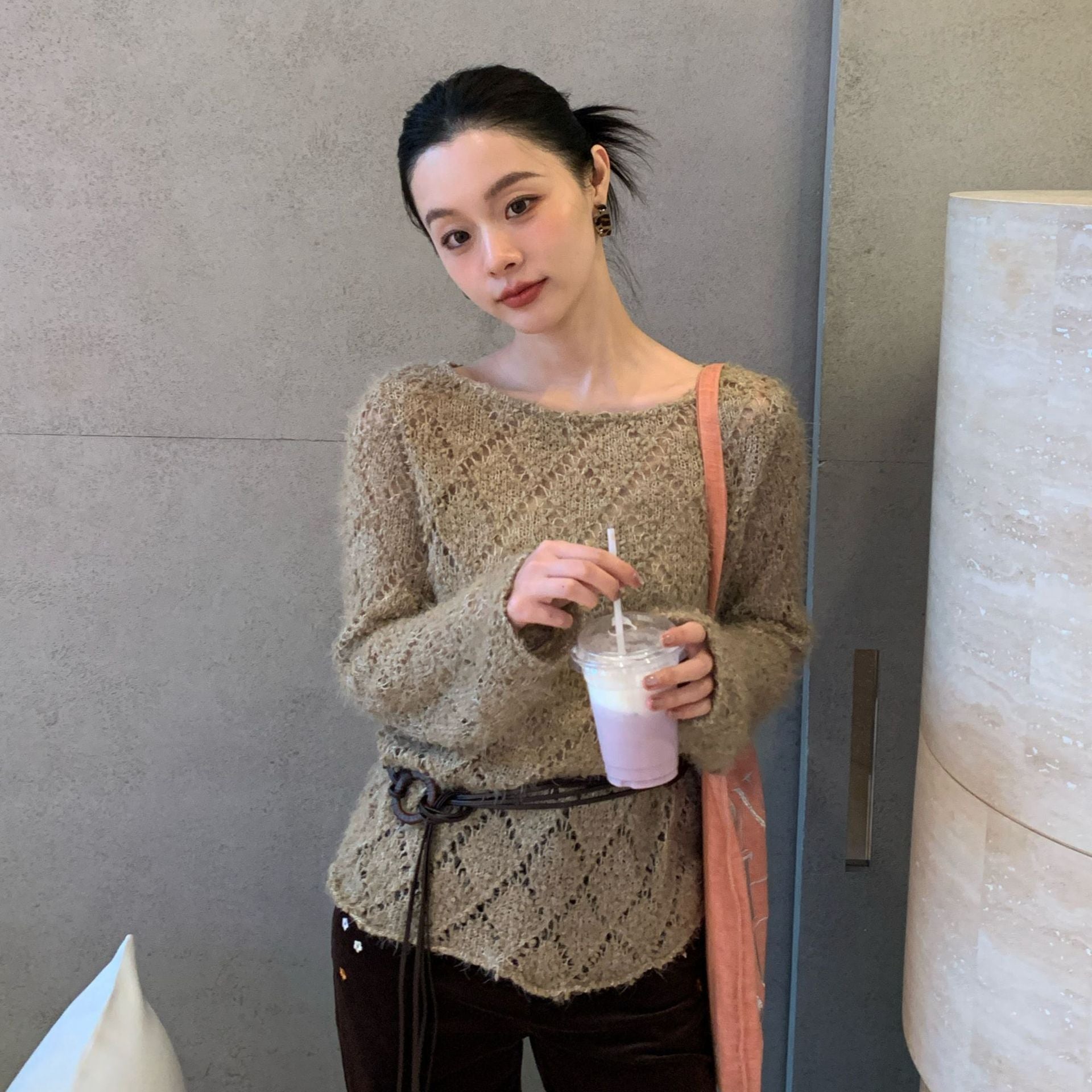 Loose long-sleeved hollow crochet knitted sweater blouse