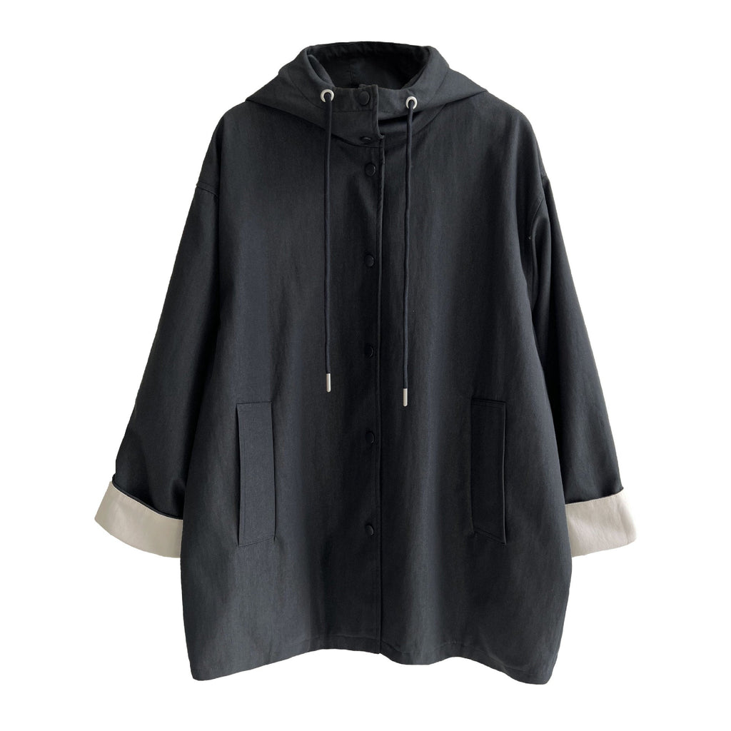 Korean simple contrasting color splicing cuffs casual autumn new hooded loose trench coat