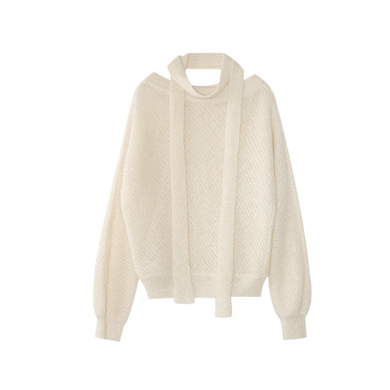 Lazy loose merino wool soft waxy diagonal neck off-the-shoulder sweater women