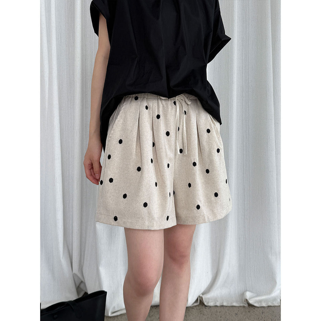 Cotton and linen embroidered polka dot elastic waist shorts women's summer new high-waisted versatile casual wide-leg pants 1953