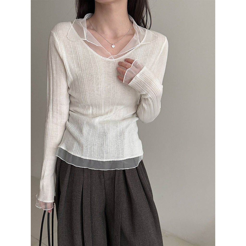 Korean mesh splicing V-neck knitted bottoming shirt women's early spring wool thin pit strip T-shirt