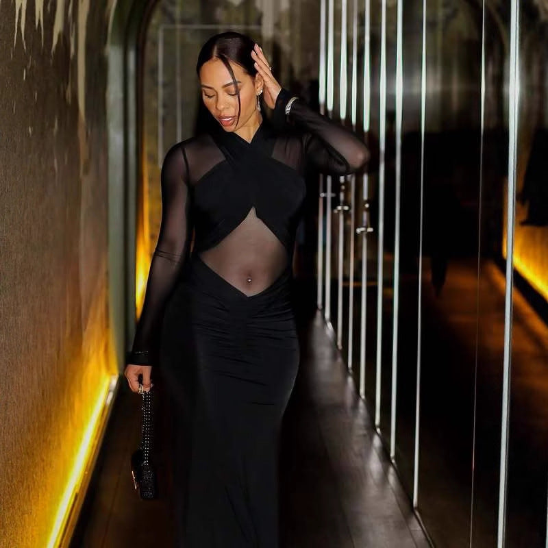 Fashion see-through high-end pleated gal sexy dress