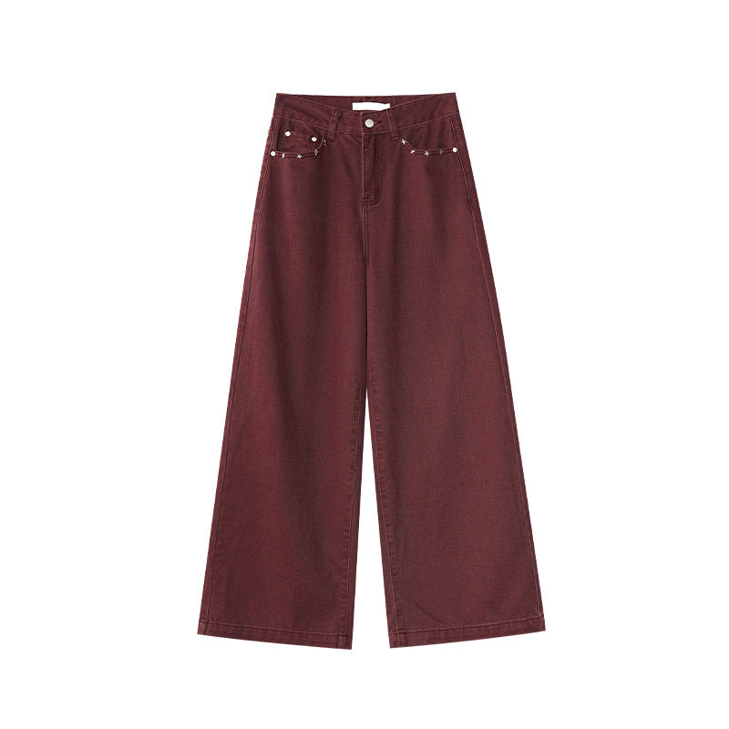 Casual simple floor mopping long loose wide-leg mid-rise jeans women