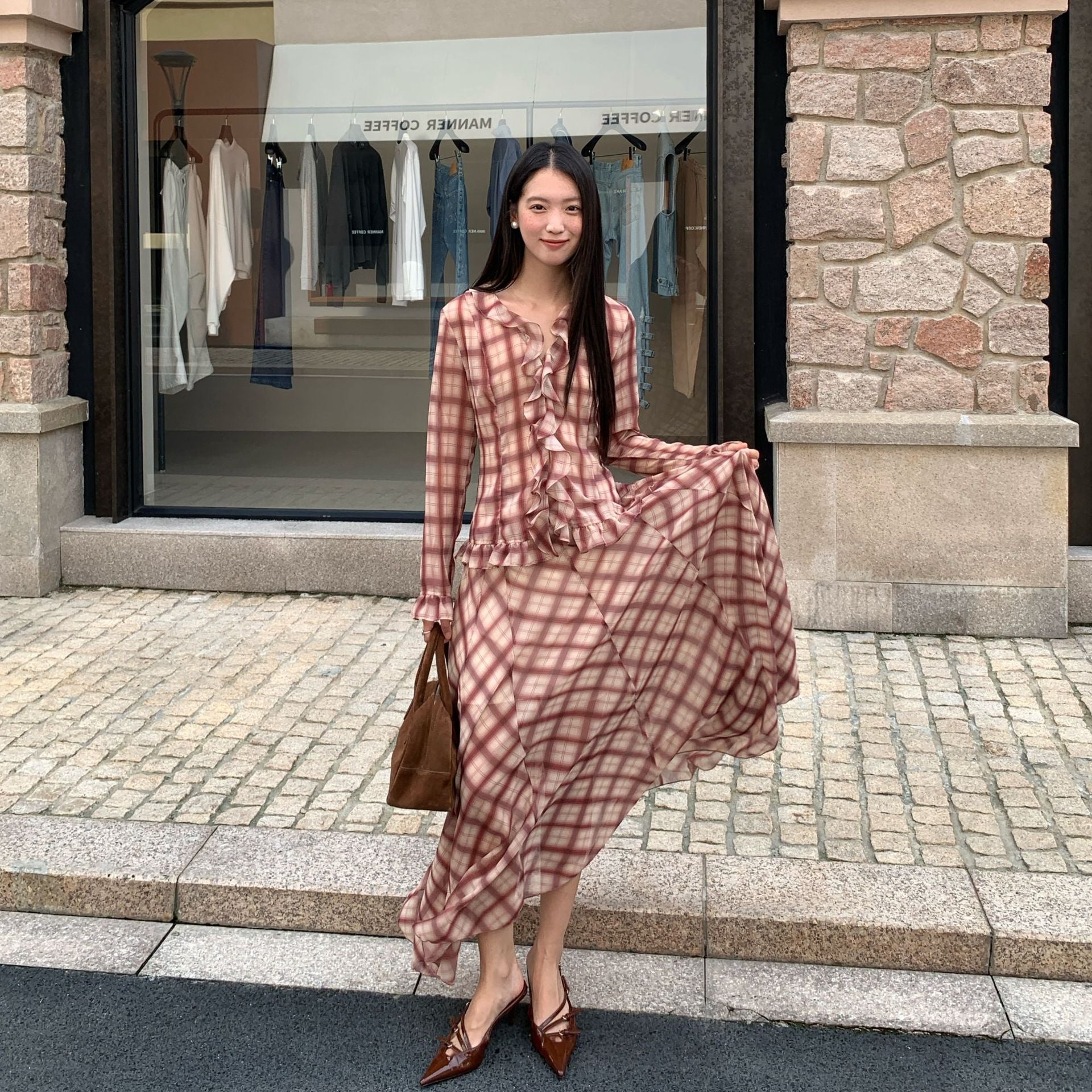 Two-piece skirt shirt plaid age-reducing temperament suit