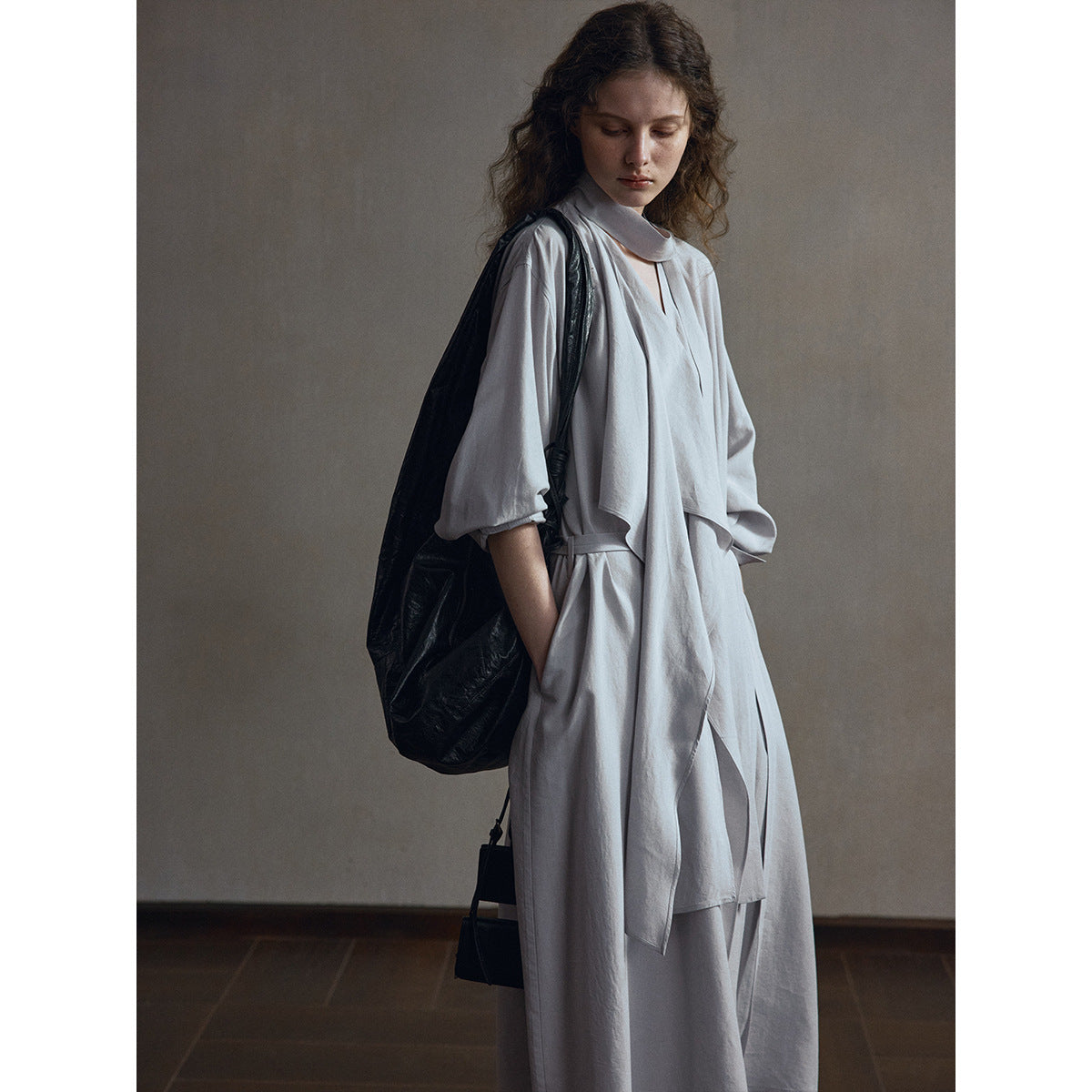 Tencel linen loose lace-up trench coat dress design temperament long coat
