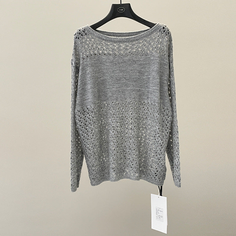 White hollow knitted sweater women's spring lazy wind loose sequined sunscreen blouse