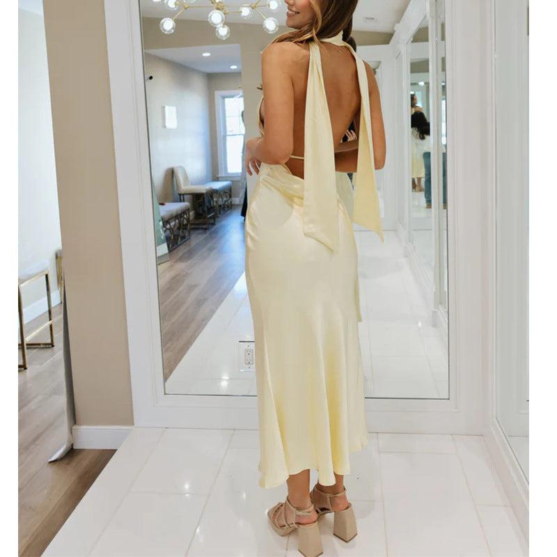 ins style sexy neck dress big halter solid color Spice girl fashion dress