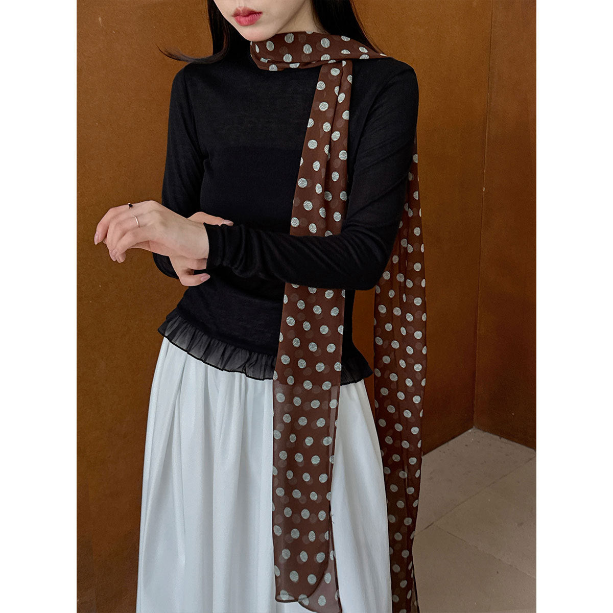Korean basic lace splicing hem long-sleeved T-shirt women's spring and summer new thin round neck base