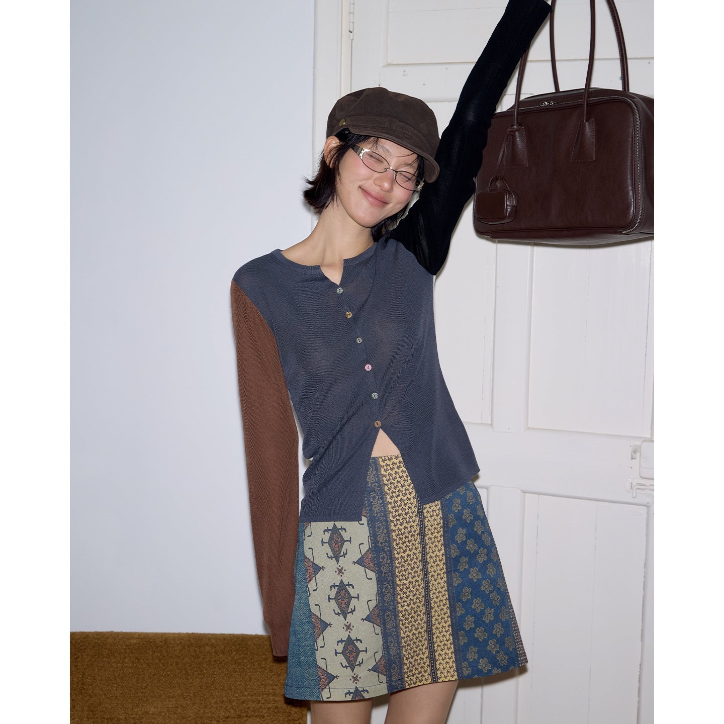 Dopamine Tencel Contrasting Cardigan Knitted Sweater ins Retro Long Sleeve Top