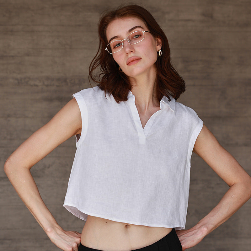Pure Linen Sleeveless Shirt with Collar