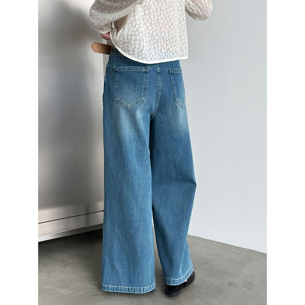 Korean simple four-sided elastic and thin with belt wide-leg pants women's 26 spring new jeans