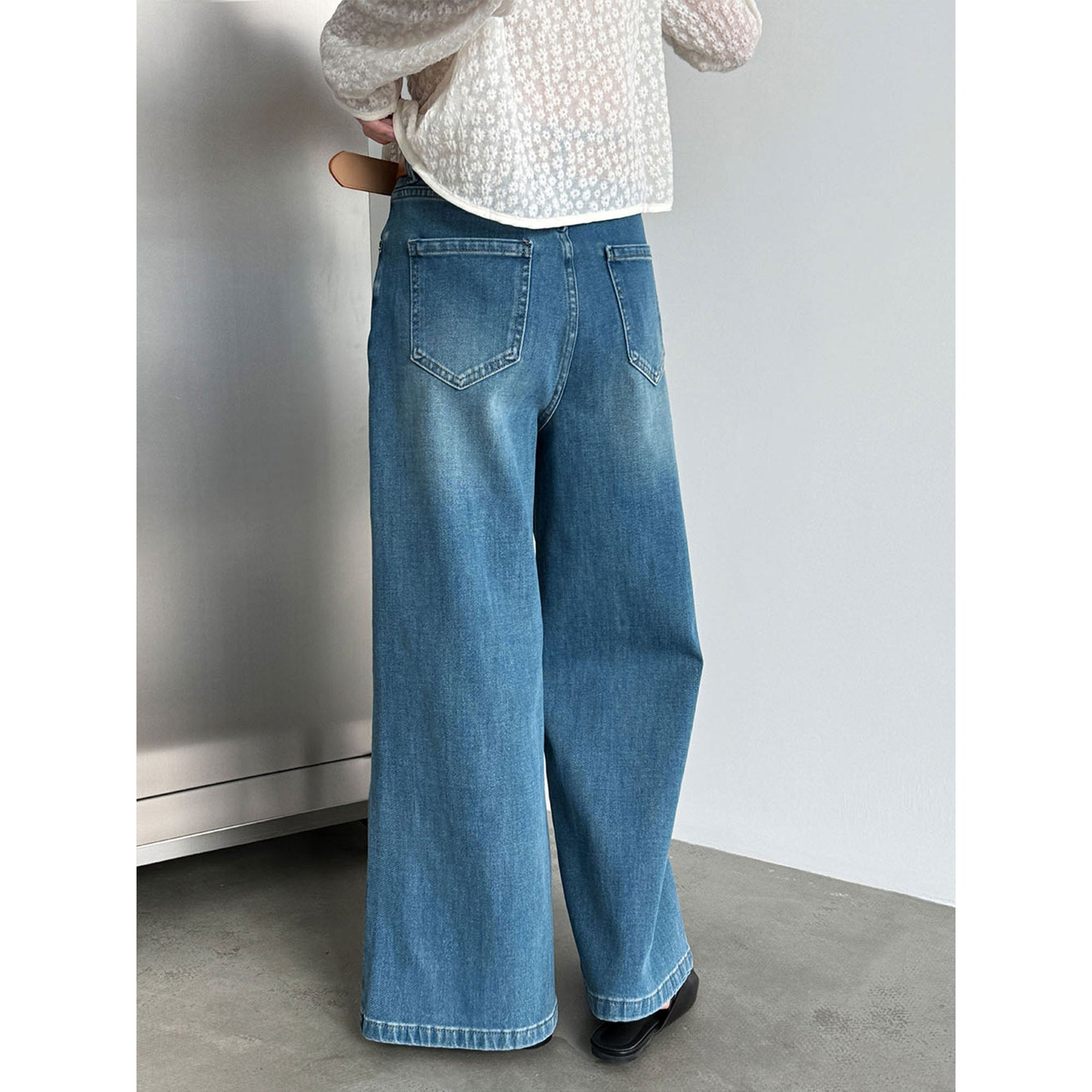 Korean simple four-sided elastic and thin with belt wide-leg pants women's 26 spring new jeans
