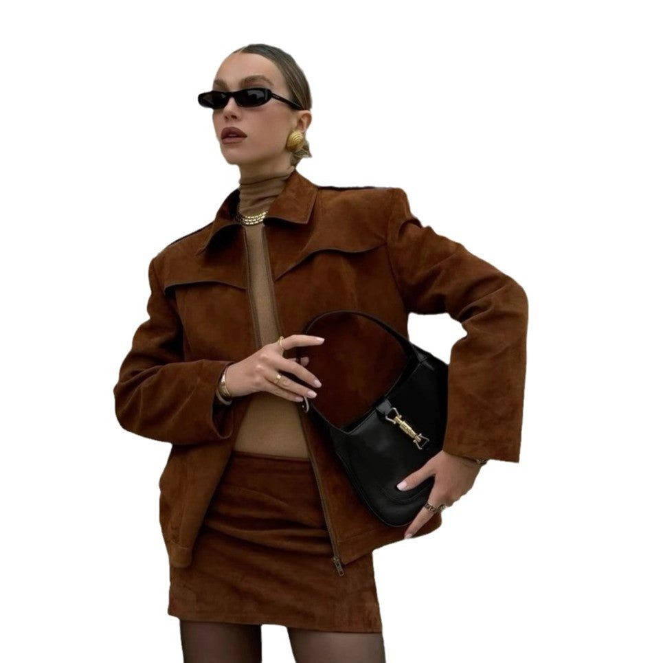 Women's new long-sleeved retro suede jacket women's fashion loose wind motorcycle jacket trench coat