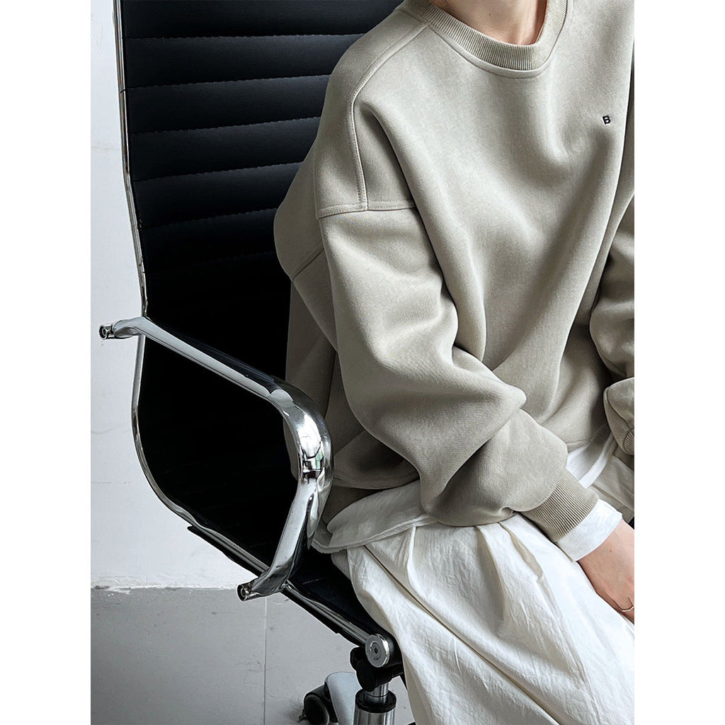 Simple silhouette loose BF solid color lazy pullover sweatshirt women's ins monogram embroidered long sleeve top