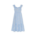 Beautiful embroidered high-waisted swinging ruffle-edged sleeveless dress