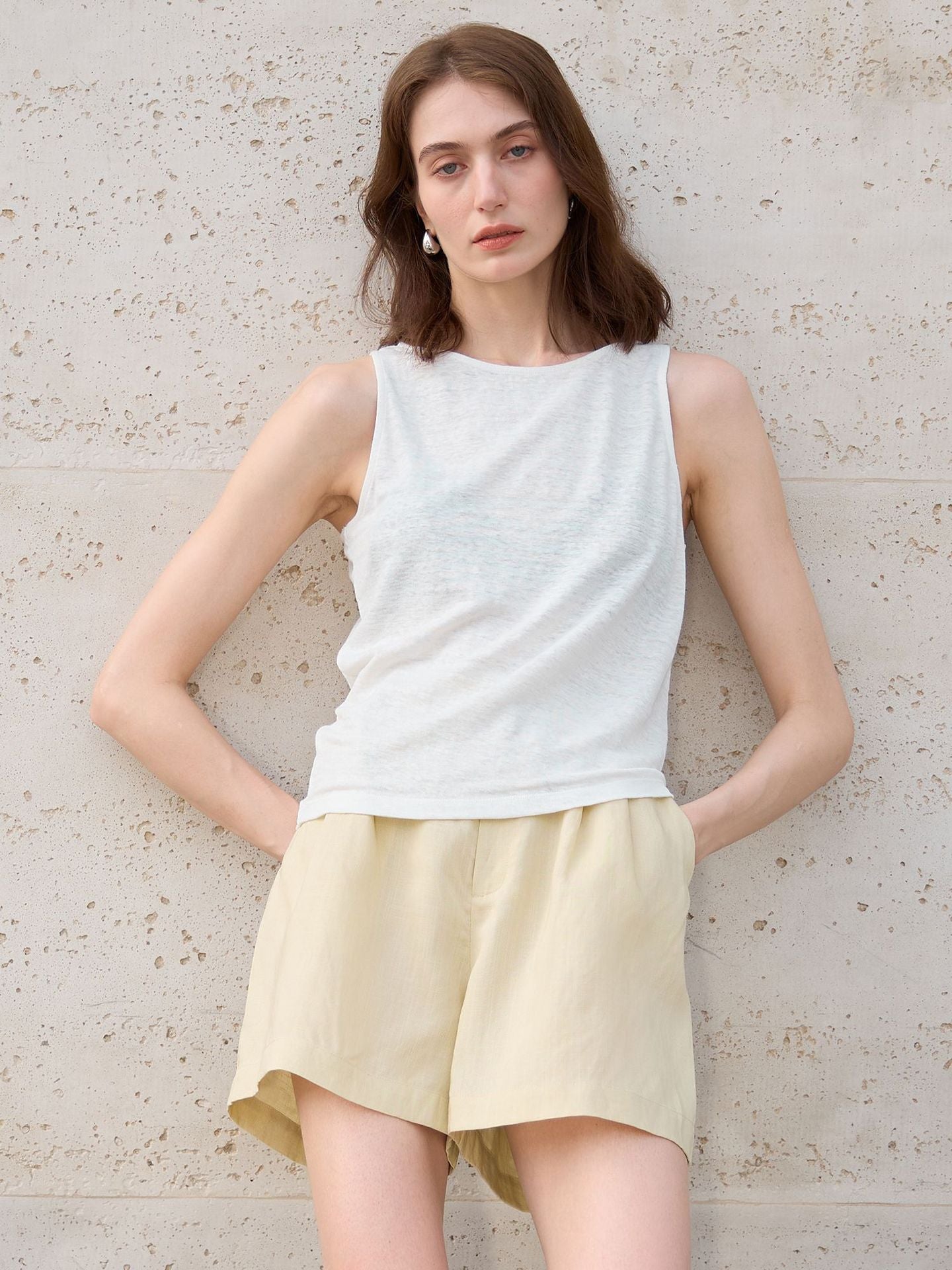 Hemp Sleeveless Top Women Slim Fit Swing Collar Knitted Shirt